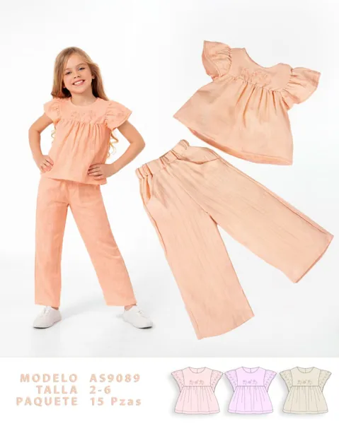 Conjunto de blusa de olanes y pantalón ancho para niña