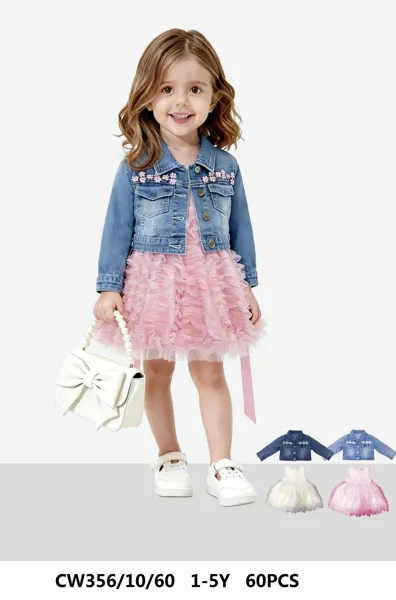 Conjunto de chamarra de mezclilla con flores y vestido de tul para niña