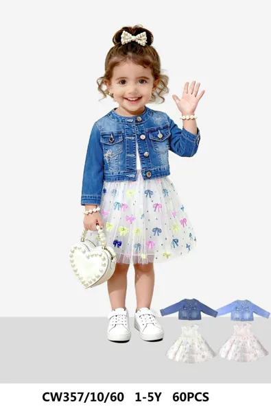 Conjunto de 2 piezas con chaqueta de mezclilla y vestido de tul con moños para niña