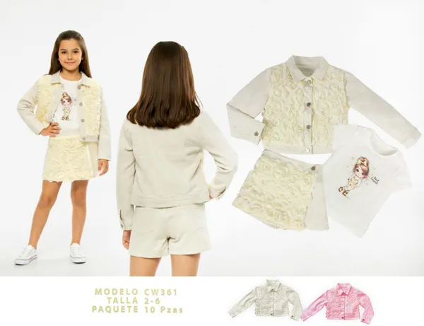 Conjunto de 3 piezas con chaqueta, falda short y blusa con aplicaciones de rosas para niña