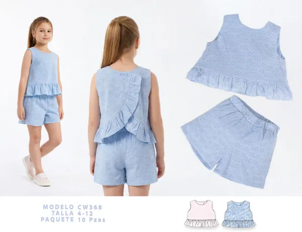 Conjunto de 2 piezas con blusa calada y short para niña
