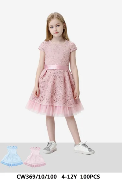 Vestido de encaje con tul y moño para niña