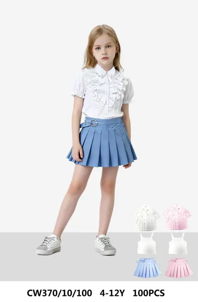 Conjunto de 2 piezas con blusa de olán y falda plisada para niña
