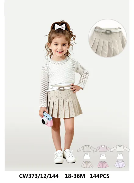 Conjunto de blusa de red y falda tableada con cinturón para niña