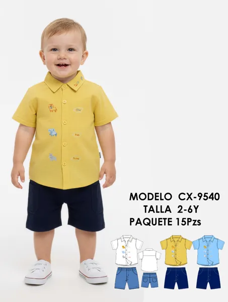 Conjunto de camisa con animalitos bordados y short para niño