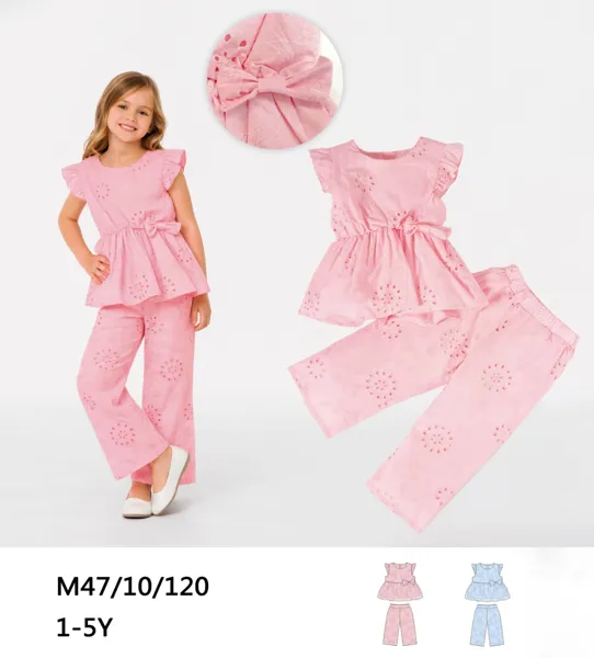 Conjunto de 2 piezas con blusa de olán calada y pantalón con moño para niña