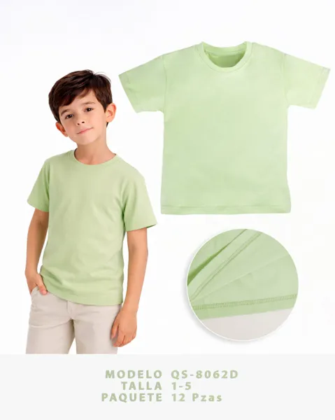 Playera lisa de cuello redondo verde claro para niño