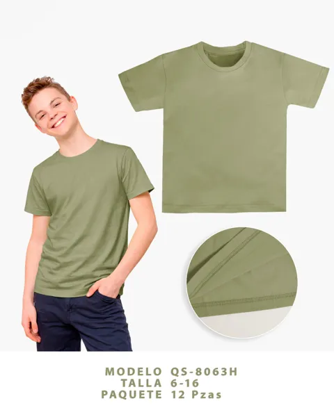 Playera lisa de cuello redondo verde militar para niño