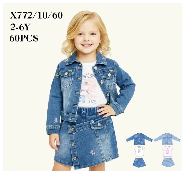 Conjunto de 3 piezas con chamarra, playera y falda de mezclilla para niña