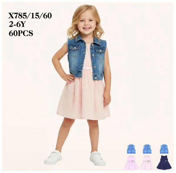 Conjunto de 2 piezas con chaleco de mezclilla y vestido para niña