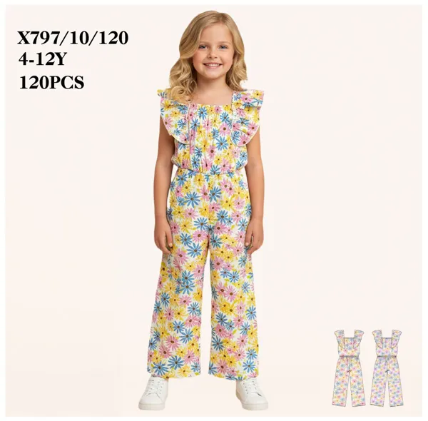 Conjunto tipo jumpsuit floral de una pieza con pantalón amplio para niña