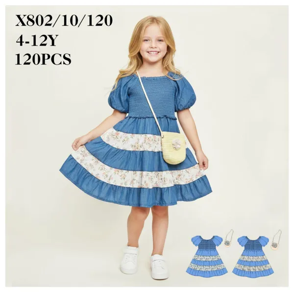 Vestido estilo mezclilla con olanes floreados e incluye bolso para niña