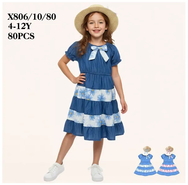 Vestido estilo mezclilla con olanes floreados y sombrero para niña