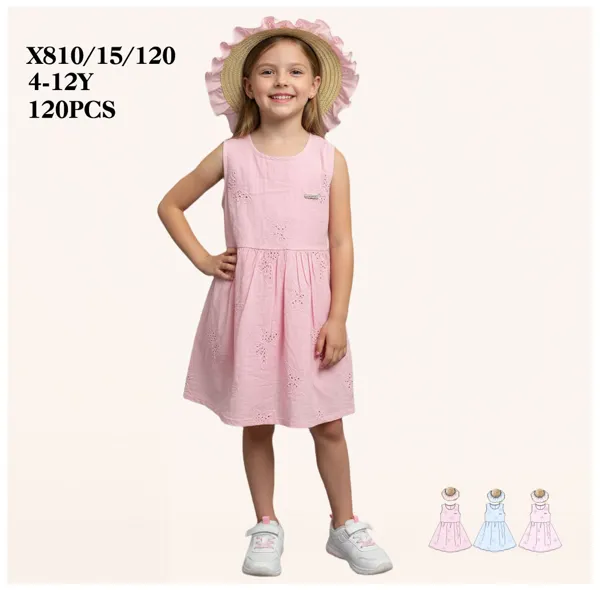 Vestido de bordado calado con sombrero de paja para niña