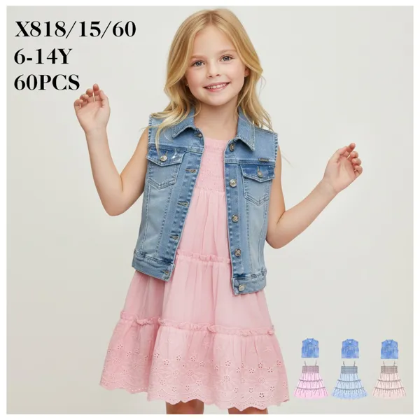 Conjunto de 2 piezas con chaleco de mezclilla y vestido para niña