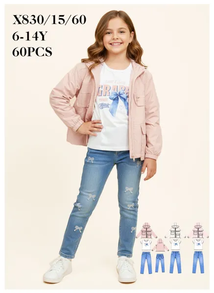 Conjunto de 3 piezas con chamarra rompevientos, blusa y jeans para niña