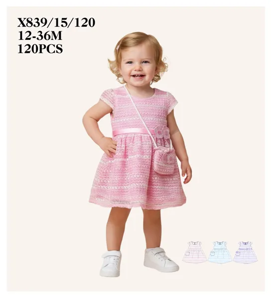 Vestido tejido tipo crochet con bolso pequeño para niña
