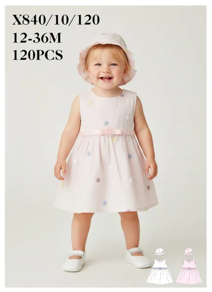 Vestido con flores bordadas y sombrero para niña