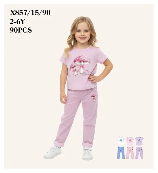 Conjunto de 2 piezas con playera y pantalón con estampado de hongos y pedrería para niña