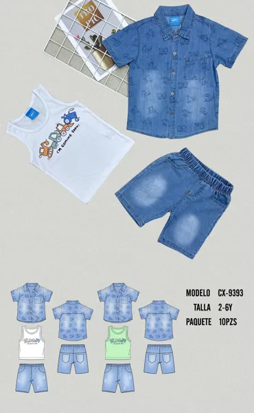 Conjunto de 3 piezas con camisa de mezclilla, camiseta sin mangas y short de mezclilla para niño