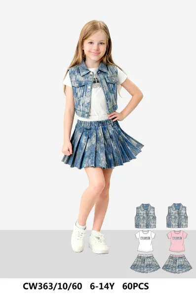 Conjunto de 3 piezas con chaleco de mezclilla, blusa y falda tableada para niña