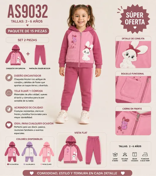 Conjunto de 2 piezas con chaqueta bicolor con capucha y pantalón jogger con aplique de conejita para niña