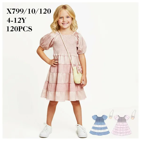 Vestido de olanes fruncido e incluye bolso para niña