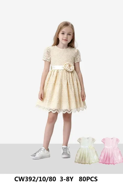 Vestido de encaje con cinturón de flor para niña