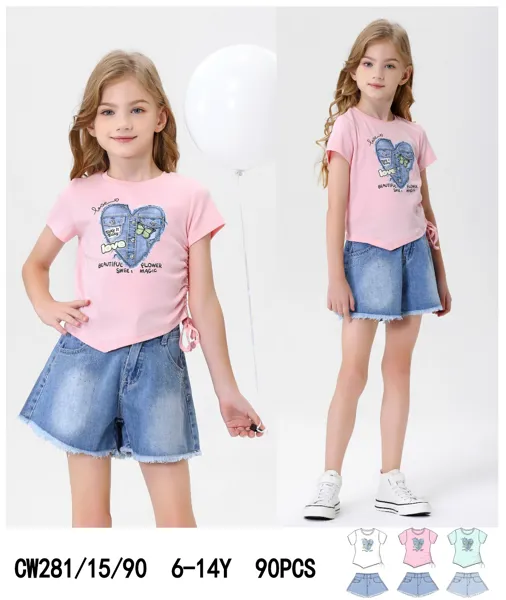 Conjunto de 2 piezas con playera de corazón y short de mezclilla para niña