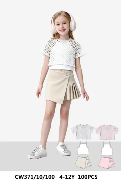 Conjunto de 2 piezas con top de malla y falda short para niña