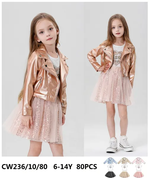 Conjunto de 3 piezas con chaqueta metálica, blusa y falda de tul con lentejuelas para niña