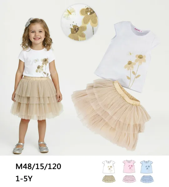 Conjunto de 2 piezas con blusa y falda de tul con flor de lentejuelas para niña