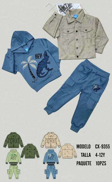 Conjunto de 3 piezas con capucha y estampado de dinosaurio para niño
