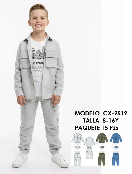 Conjunto de 3 piezas con camisa, playera y jogger cargo para niño