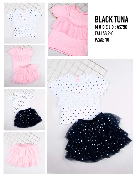 Conjunto de 2 piezas con playera y falda tutú con corazones metálicos para niña