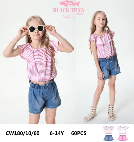 Conjunto de 2 piezas con blusa de rayas con olán y short de mezclilla para niña