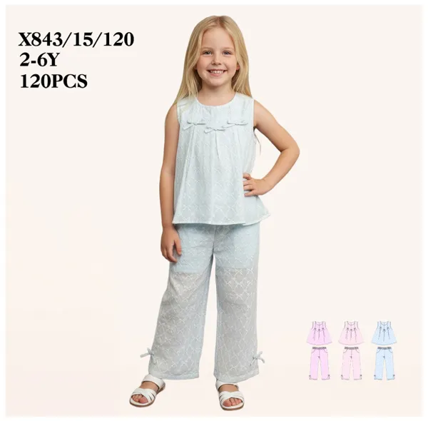 Conjunto de 2 piezas con blusa y pantalón de tela calada para niña