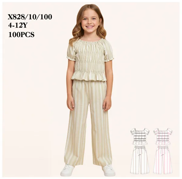 Conjunto de 2 piezas con blusa fruncida y pantalón amplio de rayas para niña