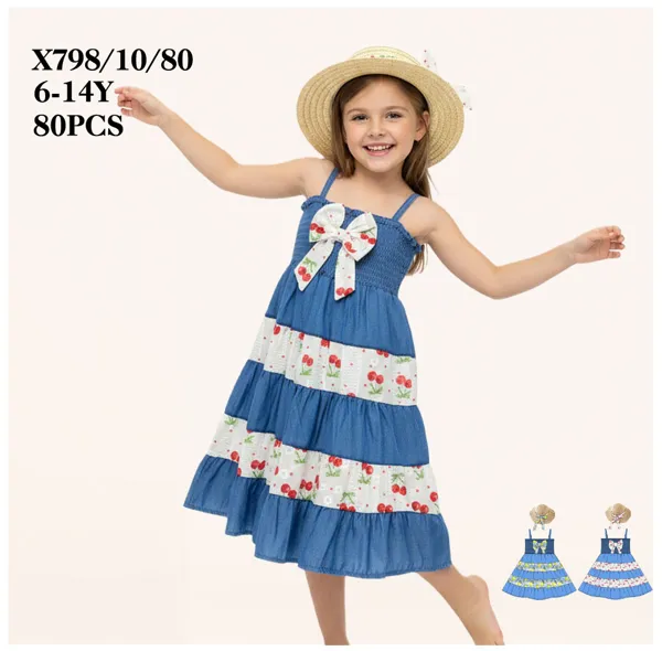 Vestido de mezclilla con moño y estampado de cerezas para niña