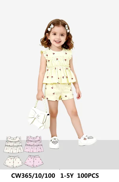 Conjunto de 2 piezas con blusa con olán y short con estampado de cerezas para niña