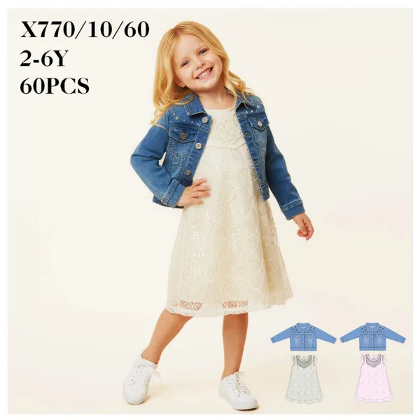 Conjunto de 2 piezas con chaqueta de mezclilla y vestido de encaje para niña
