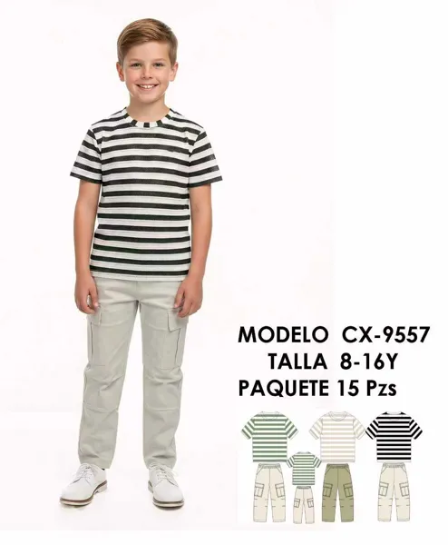 Conjunto de 2 piezas con playera de rayas y pantalón cargo para niño