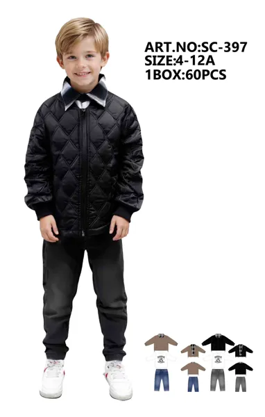 Conjunto de 3 piezas con chamarra acolchada tipo bomber, playera y pantalón de mezclilla para niño