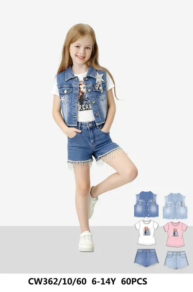 Conjunto de 3 piezas con chaleco de mezclilla, playera y short de mezclilla con flecos para niña