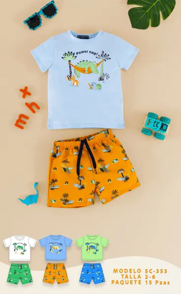 Conjunto de 2 piezas con playera y short con estampado de dinosaurio para niño