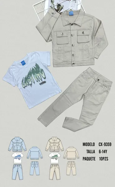 Conjunto de 3 piezas con chamarra tipo mezclilla, playera estampada y pantalón para niño