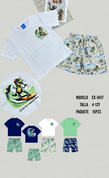 Conjunto de 2 piezas con playera y short con estampado de dinosaurio surfista para niño