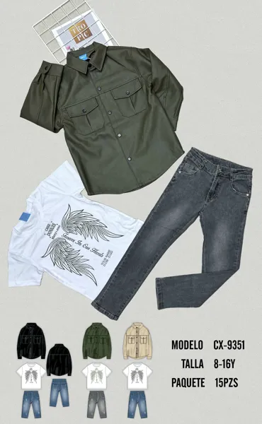 Conjunto de 3 piezas con camisa gruesa, playera y jeans para niño