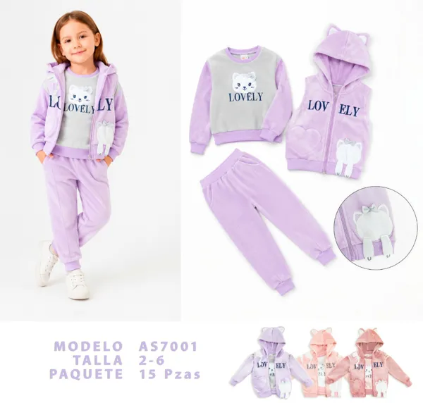 Conjunto de 3 piezas de terciopelo con sudadera, chaleco con capucha de orejas y pantalón para niña