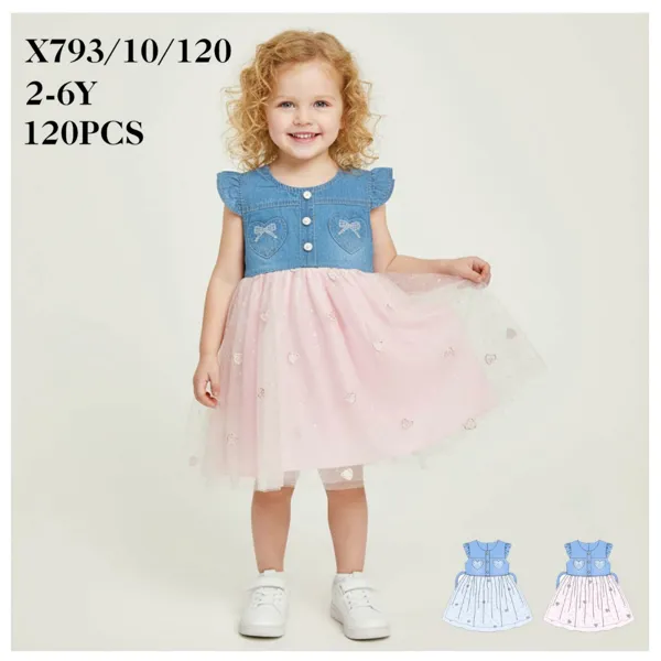 Vestido con canesú de mezclilla y falda de tul para niña